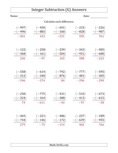 The Three-Digit Negative Minus a Negative Integer Subtraction (Vertically Arranged) (G) Math Worksheet Page 2