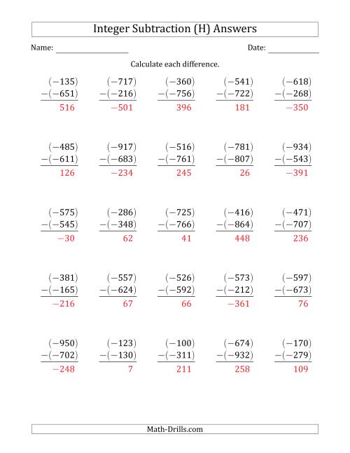 The Three-Digit Negative Minus a Negative Integer Subtraction (Vertically Arranged) (H) Math Worksheet Page 2