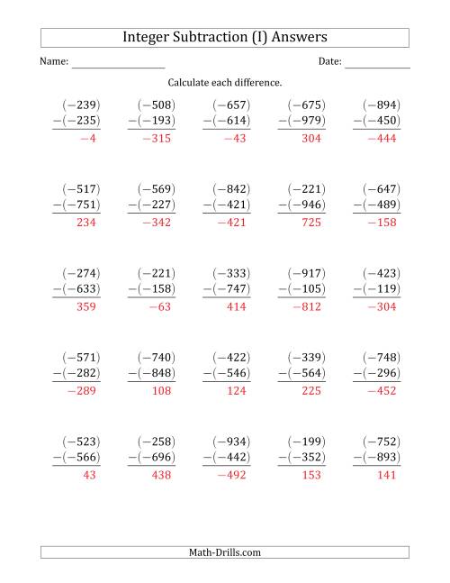 The Three-Digit Negative Minus a Negative Integer Subtraction (Vertically Arranged) (I) Math Worksheet Page 2