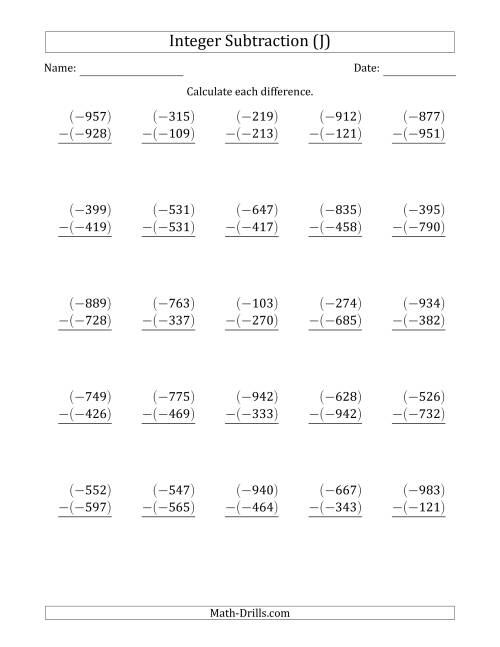 The Three-Digit Negative Minus a Negative Integer Subtraction (Vertically Arranged) (J) Math Worksheet