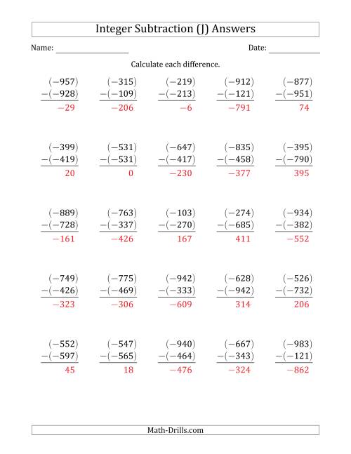 The Three-Digit Negative Minus a Negative Integer Subtraction (Vertically Arranged) (J) Math Worksheet Page 2