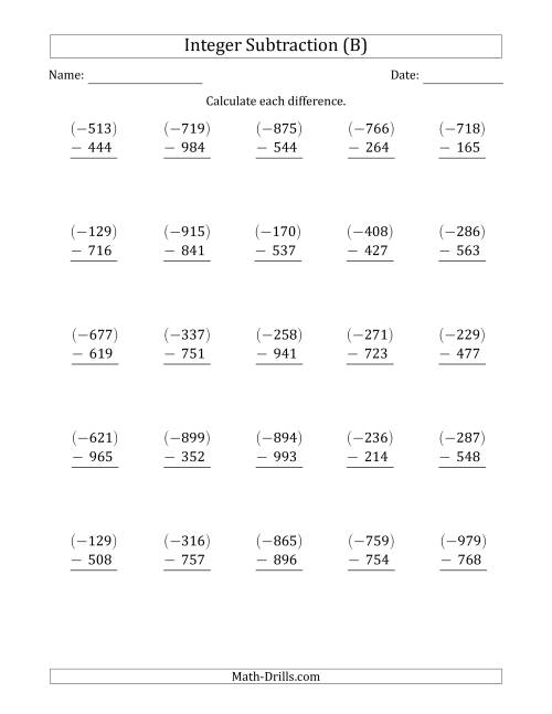 The Three-Digit Negative Minus a Positive Integer Subtraction (Vertically Arranged) (B) Math Worksheet