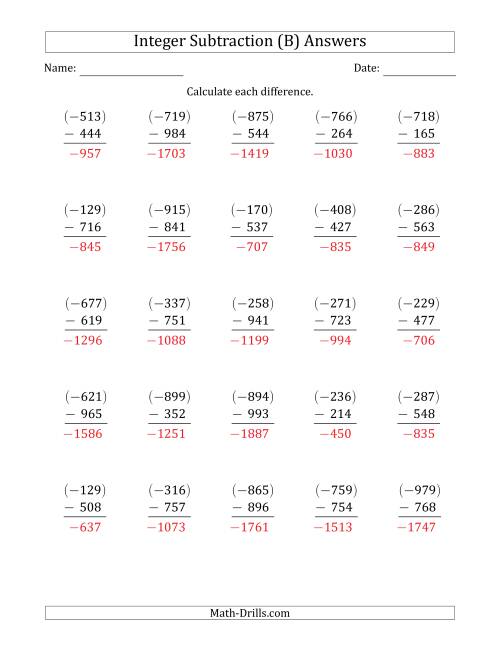 The Three-Digit Negative Minus a Positive Integer Subtraction (Vertically Arranged) (B) Math Worksheet Page 2