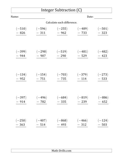 The Three-Digit Negative Minus a Positive Integer Subtraction (Vertically Arranged) (C) Math Worksheet