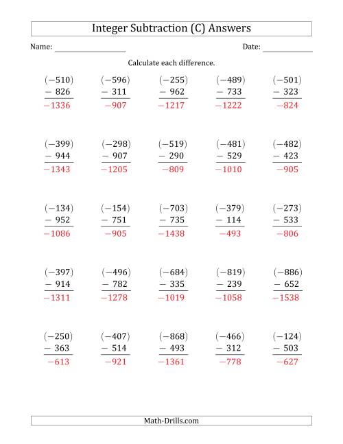 The Three-Digit Negative Minus a Positive Integer Subtraction (Vertically Arranged) (C) Math Worksheet Page 2