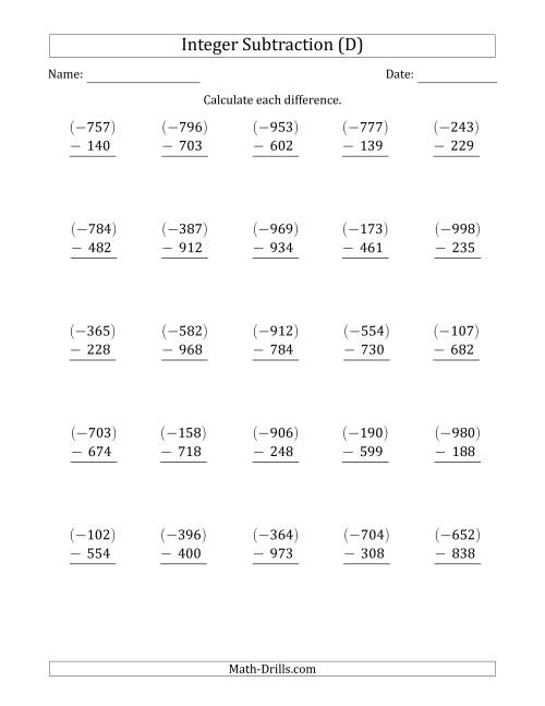 The Three-Digit Negative Minus a Positive Integer Subtraction (Vertically Arranged) (D) Math Worksheet