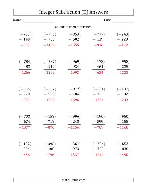 The Three-Digit Negative Minus a Positive Integer Subtraction (Vertically Arranged) (D) Math Worksheet Page 2