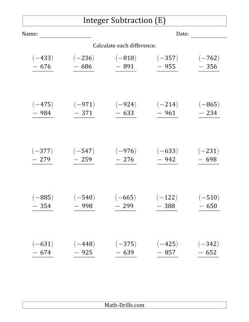 The Three-Digit Negative Minus a Positive Integer Subtraction (Vertically Arranged) (E) Math Worksheet