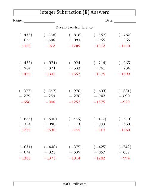 The Three-Digit Negative Minus a Positive Integer Subtraction (Vertically Arranged) (E) Math Worksheet Page 2