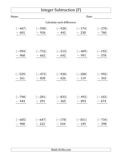 The Three-Digit Negative Minus a Positive Integer Subtraction (Vertically Arranged) (F) Math Worksheet