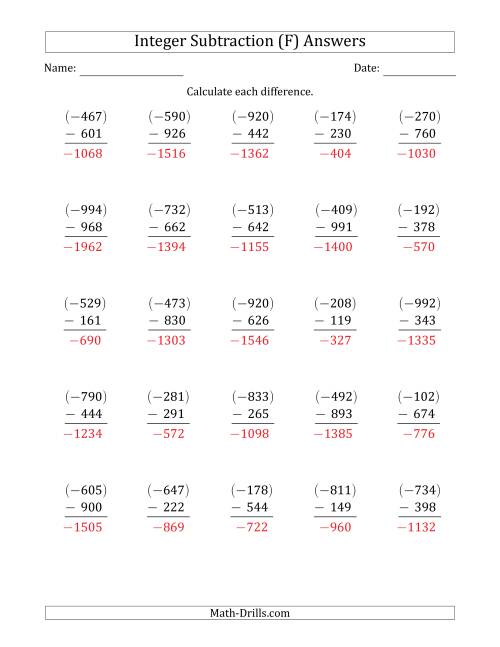 The Three-Digit Negative Minus a Positive Integer Subtraction (Vertically Arranged) (F) Math Worksheet Page 2