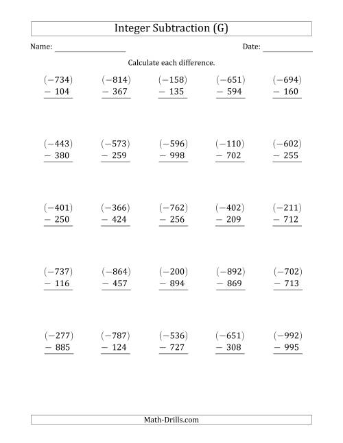 The Three-Digit Negative Minus a Positive Integer Subtraction (Vertically Arranged) (G) Math Worksheet