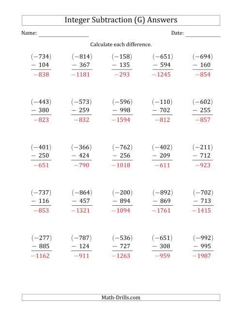 The Three-Digit Negative Minus a Positive Integer Subtraction (Vertically Arranged) (G) Math Worksheet Page 2
