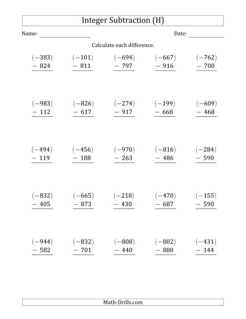 The Three-Digit Negative Minus a Positive Integer Subtraction (Vertically Arranged) (H) Math Worksheet