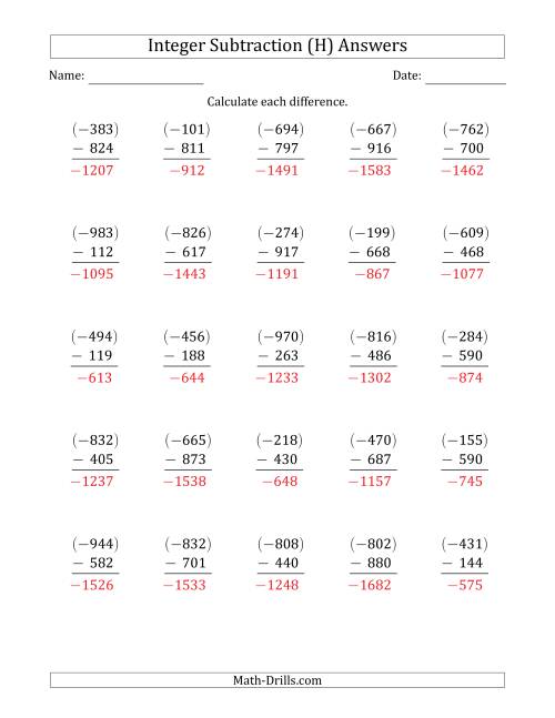 The Three-Digit Negative Minus a Positive Integer Subtraction (Vertically Arranged) (H) Math Worksheet Page 2
