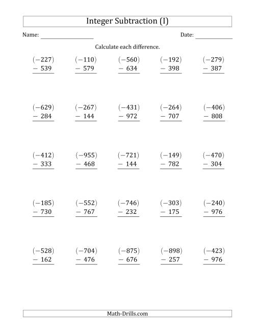 The Three-Digit Negative Minus a Positive Integer Subtraction (Vertically Arranged) (I) Math Worksheet