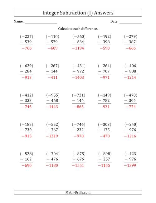 The Three-Digit Negative Minus a Positive Integer Subtraction (Vertically Arranged) (I) Math Worksheet Page 2