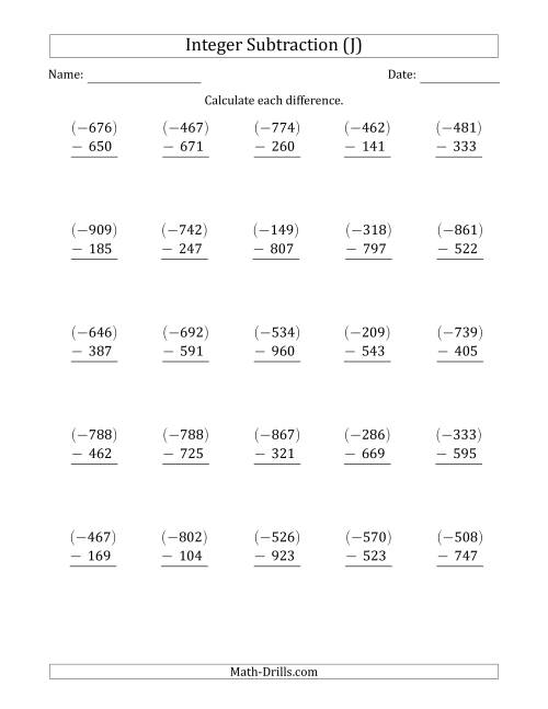 The Three-Digit Negative Minus a Positive Integer Subtraction (Vertically Arranged) (J) Math Worksheet