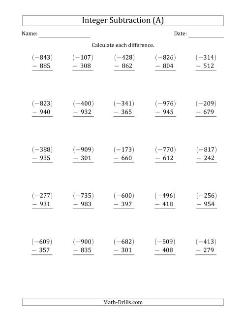 The Three-Digit Negative Minus a Positive Integer Subtraction (Vertically Arranged) (All) Math Worksheet