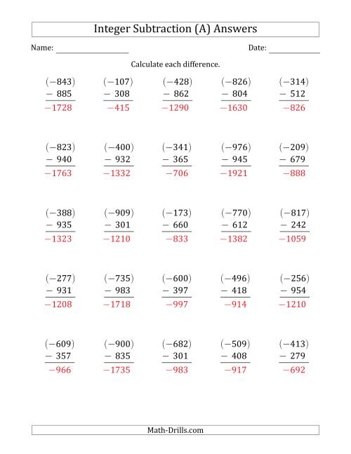 The Three-Digit Negative Minus a Positive Integer Subtraction (Vertically Arranged) (All) Math Worksheet Page 2
