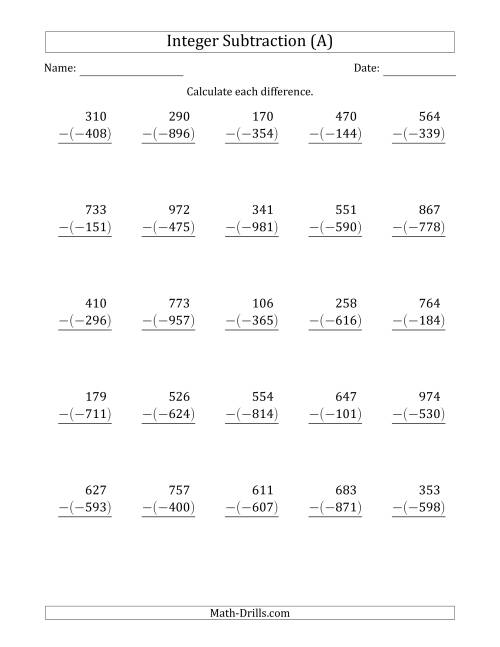 The Three-Digit Positive Minus a Negative Integer Subtraction (Vertically Arranged) (A) Math Worksheet