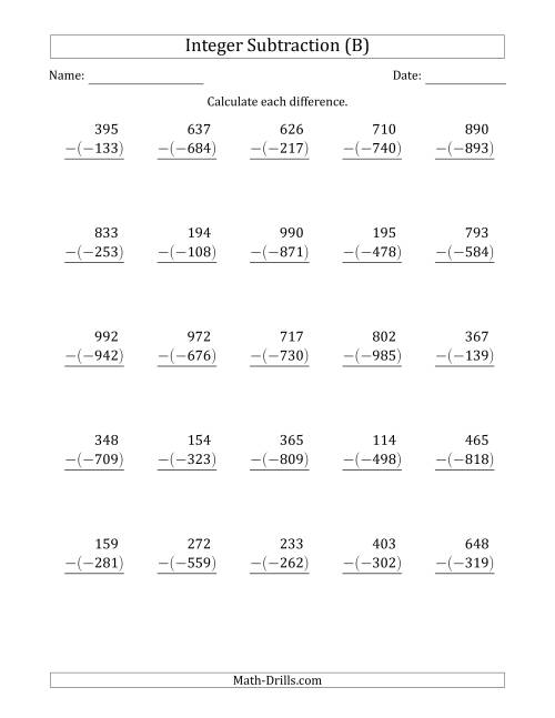 The Three-Digit Positive Minus a Negative Integer Subtraction (Vertically Arranged) (B) Math Worksheet