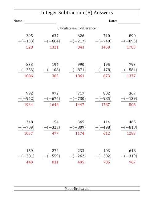 The Three-Digit Positive Minus a Negative Integer Subtraction (Vertically Arranged) (B) Math Worksheet Page 2