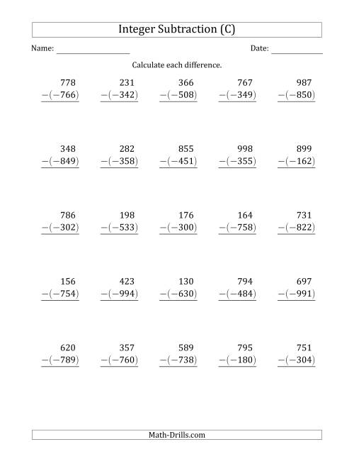 The Three-Digit Positive Minus a Negative Integer Subtraction (Vertically Arranged) (C) Math Worksheet