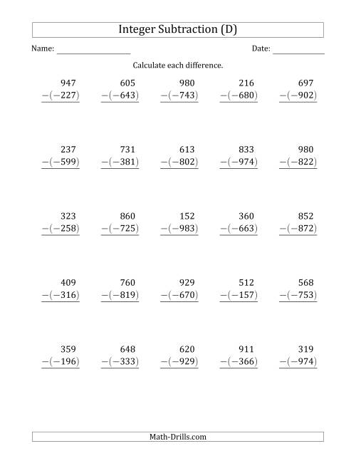 The Three-Digit Positive Minus a Negative Integer Subtraction (Vertically Arranged) (D) Math Worksheet