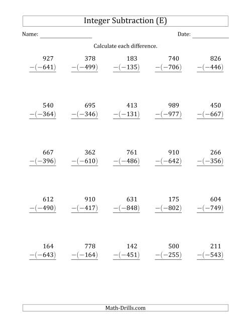 The Three-Digit Positive Minus a Negative Integer Subtraction (Vertically Arranged) (E) Math Worksheet