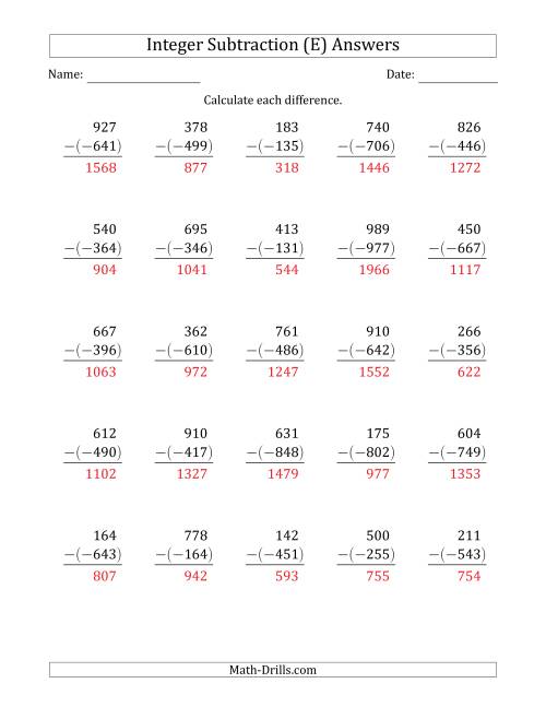 The Three-Digit Positive Minus a Negative Integer Subtraction (Vertically Arranged) (E) Math Worksheet Page 2