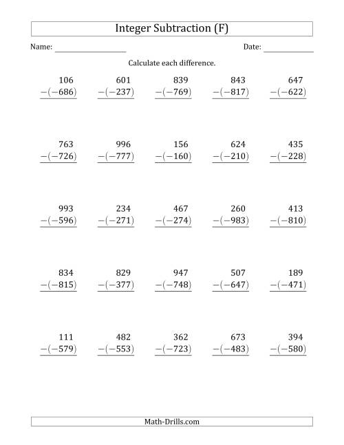 The Three-Digit Positive Minus a Negative Integer Subtraction (Vertically Arranged) (F) Math Worksheet