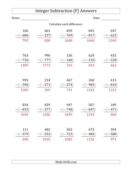 The Three-Digit Positive Minus a Negative Integer Subtraction (Vertically Arranged) (F) Math Worksheet Page 2