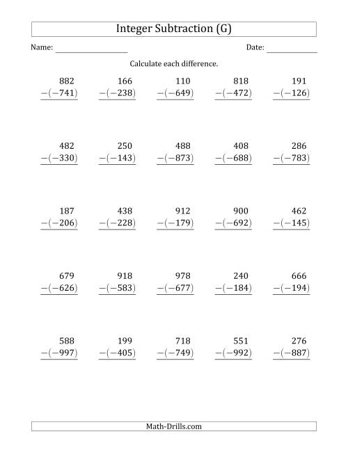 The Three-Digit Positive Minus a Negative Integer Subtraction (Vertically Arranged) (G) Math Worksheet