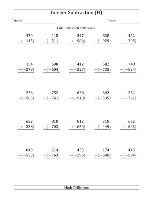 The Three-Digit Positive Minus a Negative Integer Subtraction (Vertically Arranged) (H) Math Worksheet