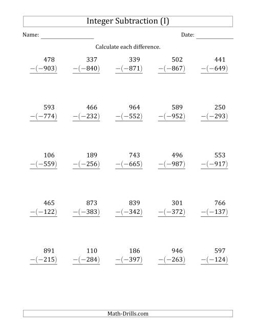 The Three-Digit Positive Minus a Negative Integer Subtraction (Vertically Arranged) (I) Math Worksheet