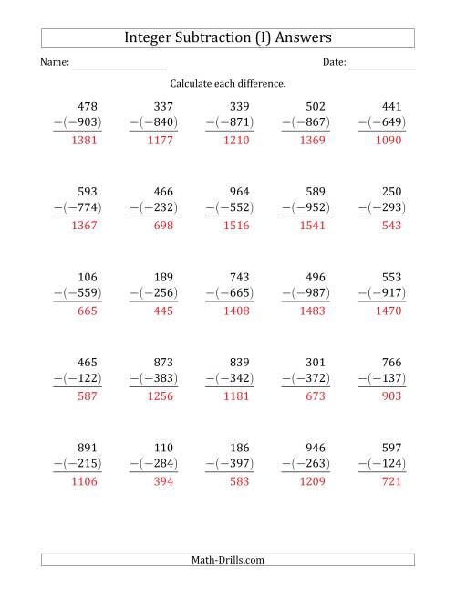 The Three-Digit Positive Minus a Negative Integer Subtraction (Vertically Arranged) (I) Math Worksheet Page 2