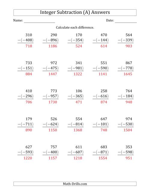 The Three-Digit Positive Minus a Negative Integer Subtraction (Vertically Arranged) (All) Math Worksheet Page 2
