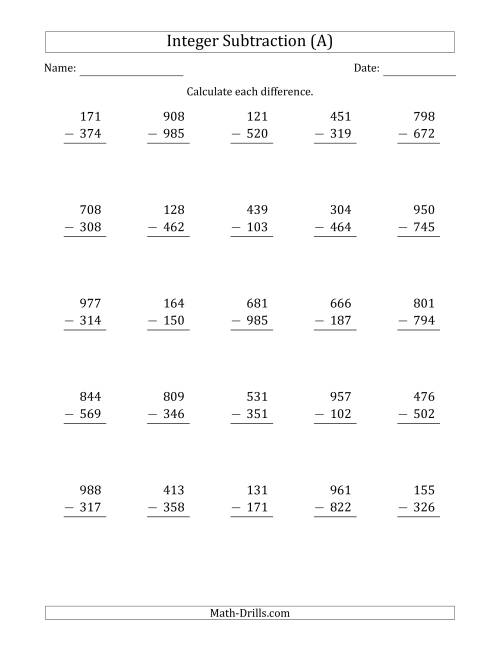 The Three-Digit Positive Minus a Positive Integer Subtraction (Vertically Arranged) (All) Math Worksheet