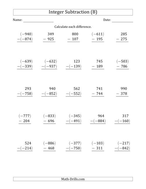 The Three-Digit Integer Subtraction (Vertically Arranged) (B) Math Worksheet