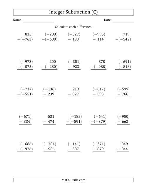 The Three-Digit Integer Subtraction (Vertically Arranged) (C) Math Worksheet