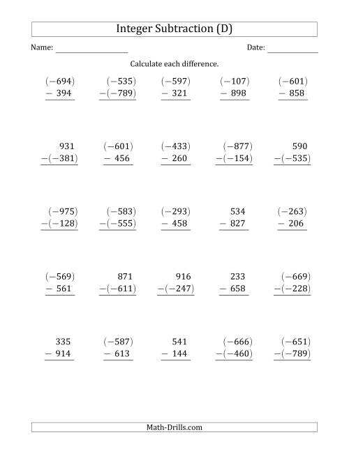 The Three-Digit Integer Subtraction (Vertically Arranged) (D) Math Worksheet