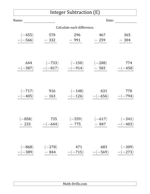 The Three-Digit Integer Subtraction (Vertically Arranged) (E) Math Worksheet