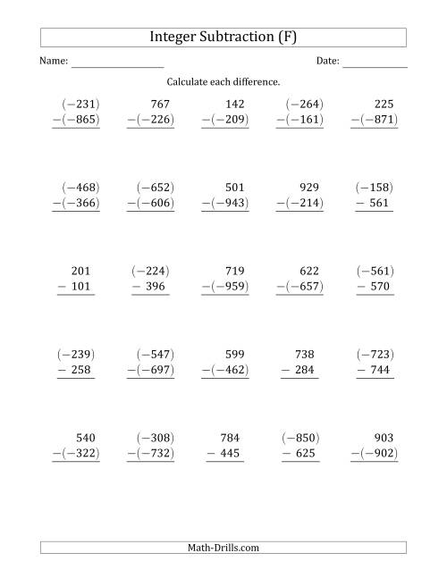 The Three-Digit Integer Subtraction (Vertically Arranged) (F) Math Worksheet