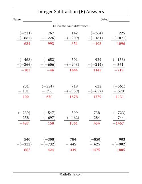 The Three-Digit Integer Subtraction (Vertically Arranged) (F) Math Worksheet Page 2