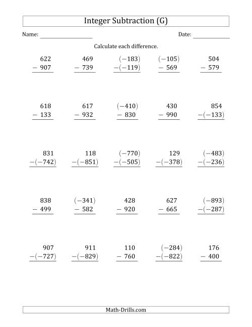 The Three-Digit Integer Subtraction (Vertically Arranged) (G) Math Worksheet