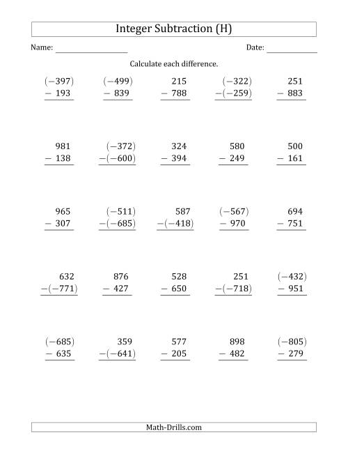 The Three-Digit Integer Subtraction (Vertically Arranged) (H) Math Worksheet