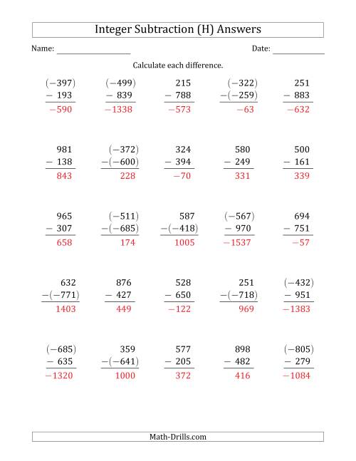 The Three-Digit Integer Subtraction (Vertically Arranged) (H) Math Worksheet Page 2