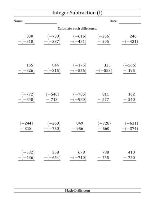The Three-Digit Integer Subtraction (Vertically Arranged) (I) Math Worksheet
