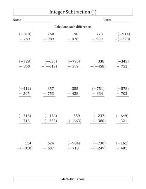 The Three-Digit Integer Subtraction (Vertically Arranged) (J) Math Worksheet
